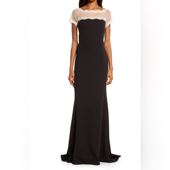 $388 Tadashi Shoji Lace Yoke Crepe Gown two-tone column black white maxi dress - Picture 2 of 11